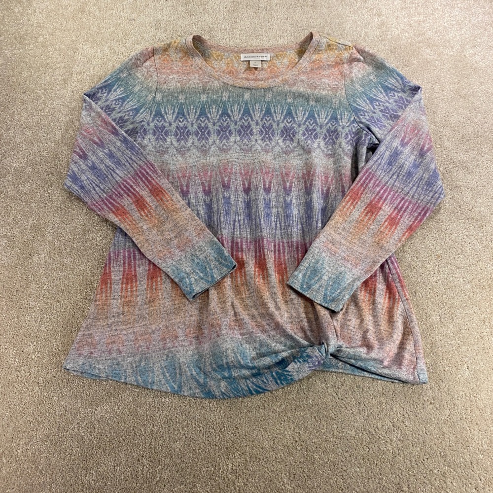 Christopher‎ & Banks Top Womens Medium Multi Ikat Print Side Knot Long Sleeve